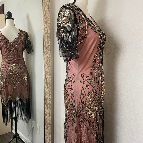 Beaded Pink Black Flapper Dress Fringe Vintage Gold Sequins Bias Cut Size M - Picture 4 of 8